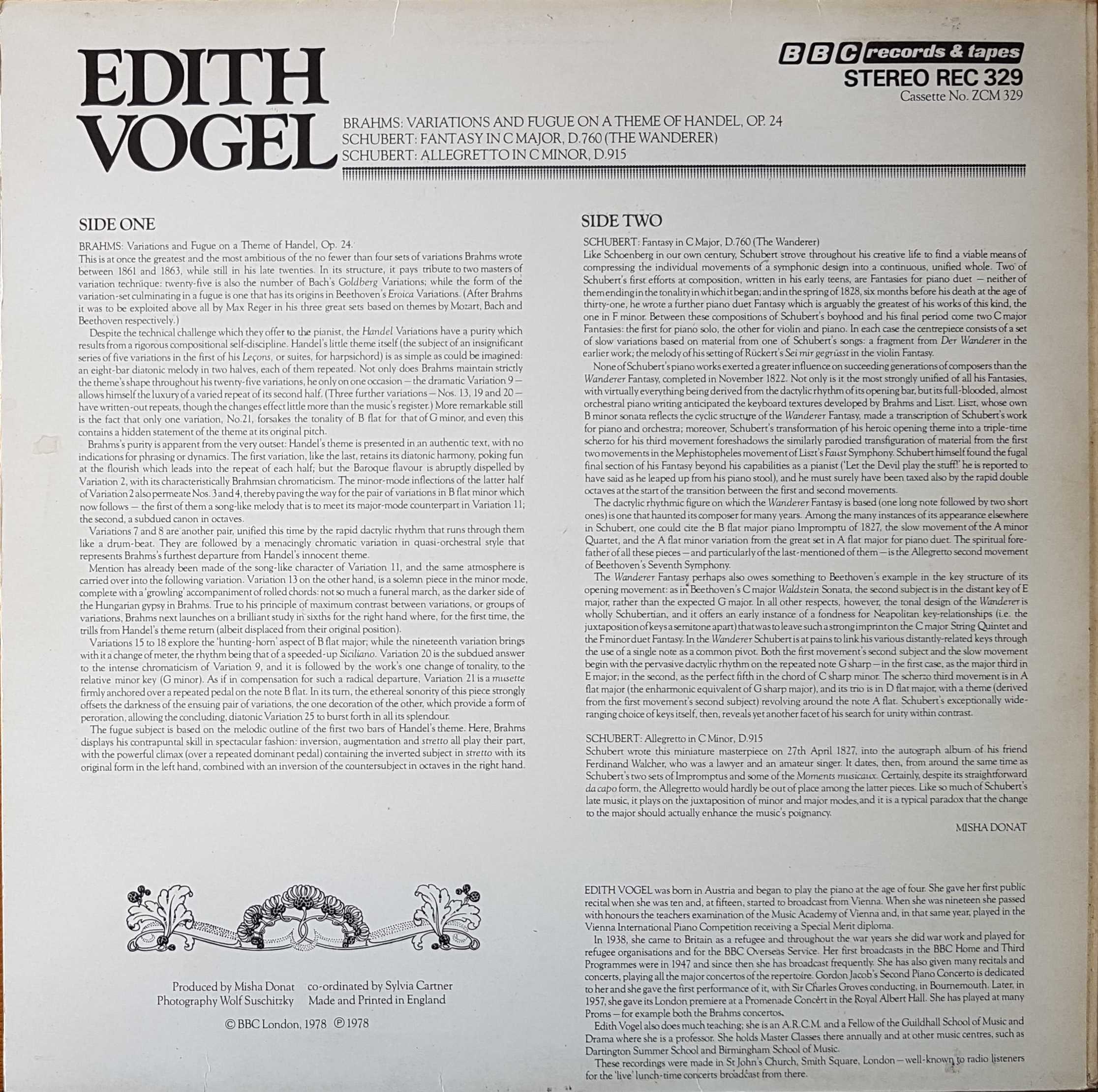 Picture of REC 329 Brahms Schubert - Edith Vogel by artist Edith Vogel from the BBC records and Tapes library